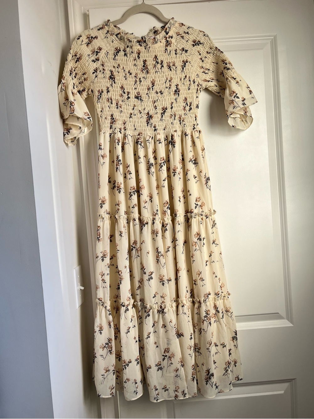 JessaKae Cream Floral Smocked Midi Dress with Ruffled Sleeves